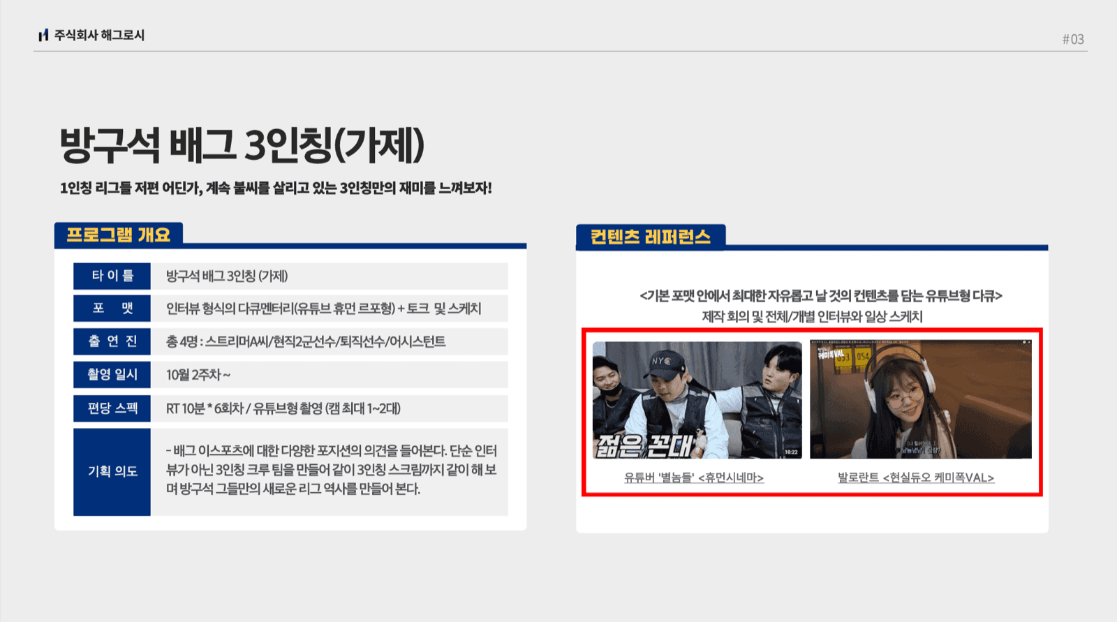 컨텐츠 기획안 — 포맷·출연·구성·레퍼런스까지 한 장에